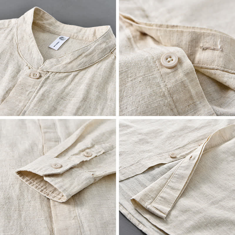 Buddha Stones Spring Casual Mandarin Collar Button-Up Solid Cotton Linen Men's Long Sleeve Shirts - image 3