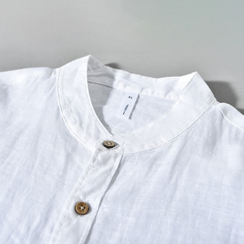 Buddha Stones Spring Casual Mandarin Collar Solid Linen Men's Long Sleeve Shirts With Patch Pocket - image 22