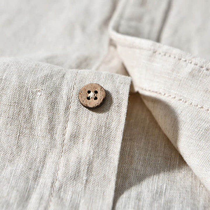 Buddha Stones Spring Casual Mandarin Collar Solid Linen Men's Long Sleeve Shirts With Patch Pocket - image 5