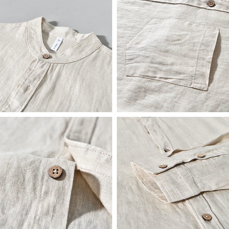 Buddha Stones Spring Casual Mandarin Collar Solid Linen Men's Long Sleeve Shirts With Patch Pocket - image 3