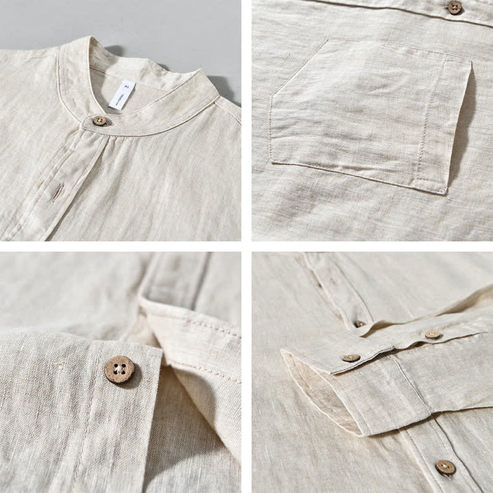 Buddha Stones Spring Casual Mandarin Collar Solid Linen Men's Long Sleeve Shirts With Patch Pocket - image 3