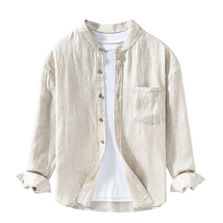 Buddha Stones Spring Casual Mandarin Collar Solid Linen Men's Long Sleeve Shirts With Patch Pocket - image 2