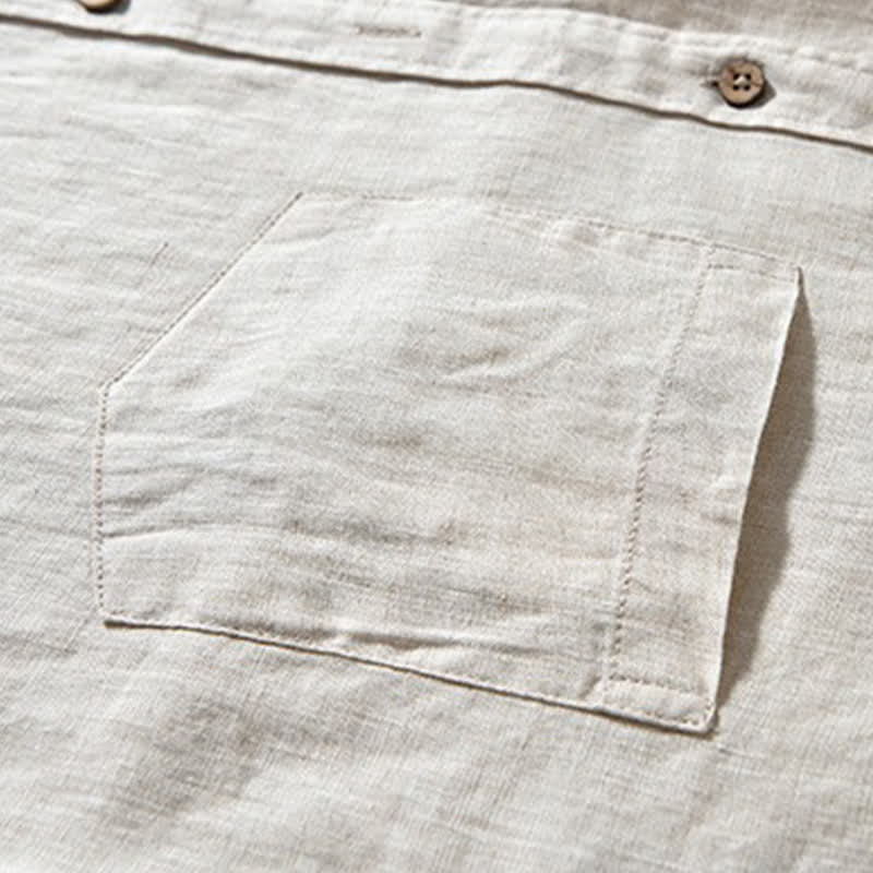 Buddha Stones Spring Casual Mandarin Collar Solid Linen Men's Long Sleeve Shirts With Patch Pocket - image 6
