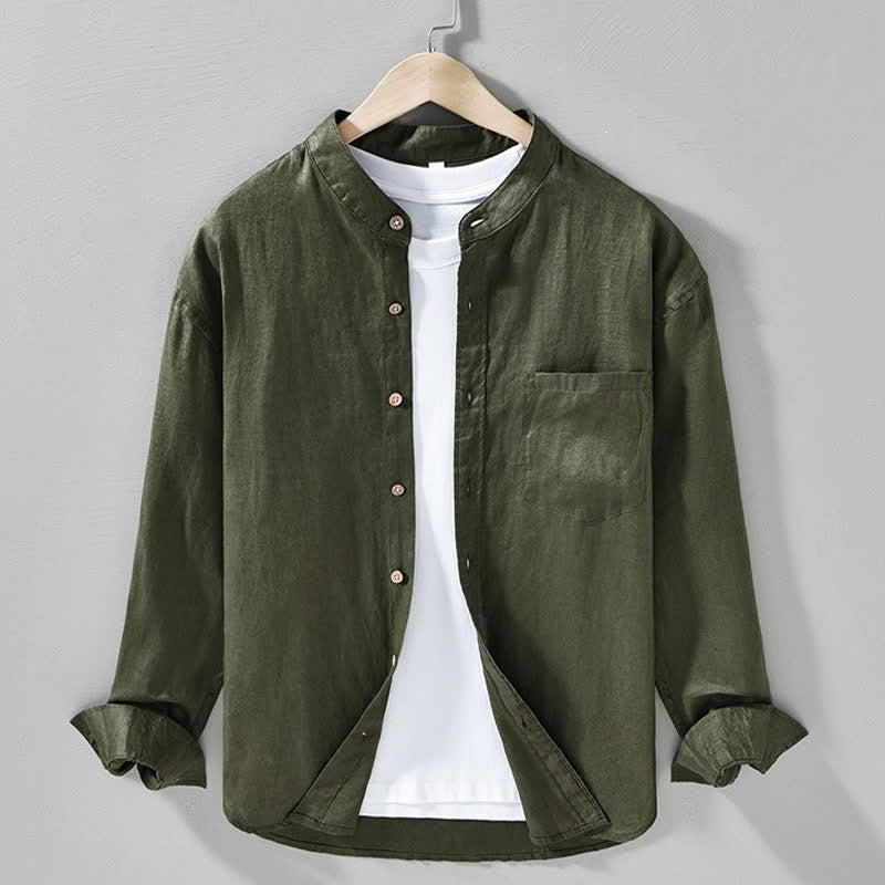 Buddha Stones Spring Casual Mandarin Collar Solid Linen Men's Long Sleeve Shirts With Patch Pocket - DarkOliveGreen - US/UK/AU42，EU52 (3XL) - image 17