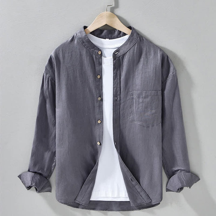 Buddha Stones Spring Casual Mandarin Collar Solid Linen Men's Long Sleeve Shirts With Patch Pocket - SlateGray - US/UK/AU42，EU52 (3XL) - image 13
