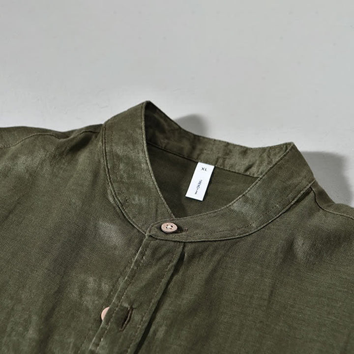 Buddha Stones Spring Casual Mandarin Collar Solid Linen Men's Long Sleeve Shirts With Patch Pocket - image 18