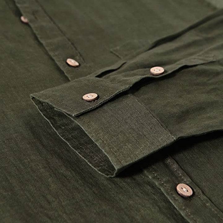 Buddha Stones Spring Casual Mandarin Collar Solid Linen Men's Long Sleeve Shirts With Patch Pocket - image 20