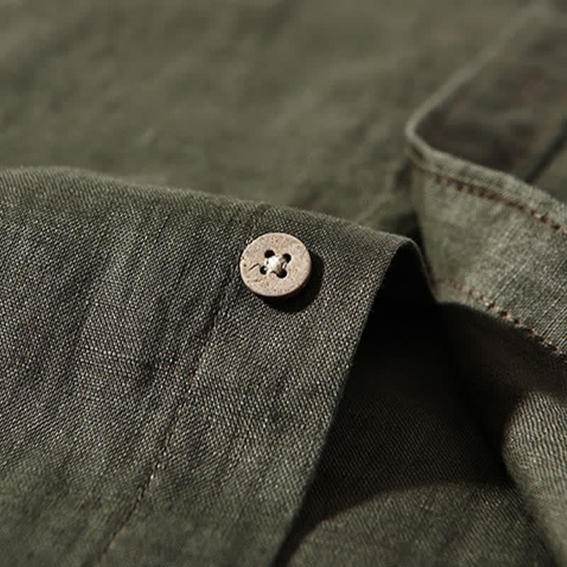 Buddha Stones Spring Casual Mandarin Collar Solid Linen Men's Long Sleeve Shirts With Patch Pocket - image 19