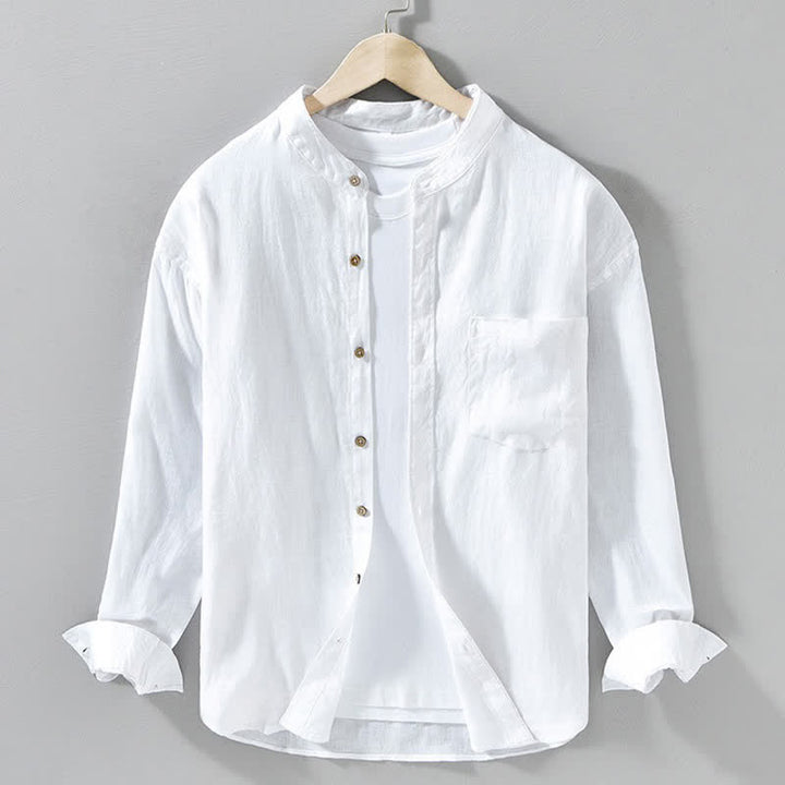 Buddha Stones Spring Casual Mandarin Collar Solid Linen Men's Long Sleeve Shirts With Patch Pocket - White - US/UK/AU42，EU52 (3XL) - image 21