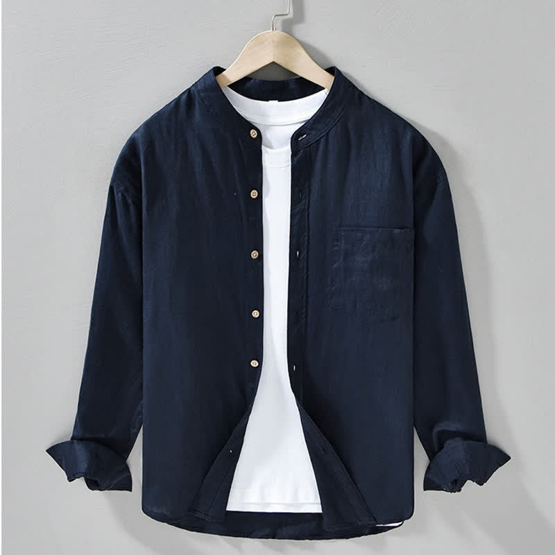 Buddha Stones Spring Casual Mandarin Collar Solid Linen Men's Long Sleeve Shirts With Patch Pocket - MidnightBlue - US/UK/AU42，EU52 (3XL) - image 9