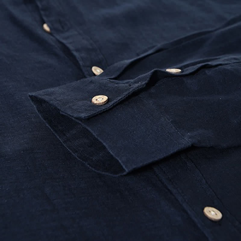 Buddha Stones Spring Casual Mandarin Collar Solid Linen Men's Long Sleeve Shirts With Patch Pocket - image 12