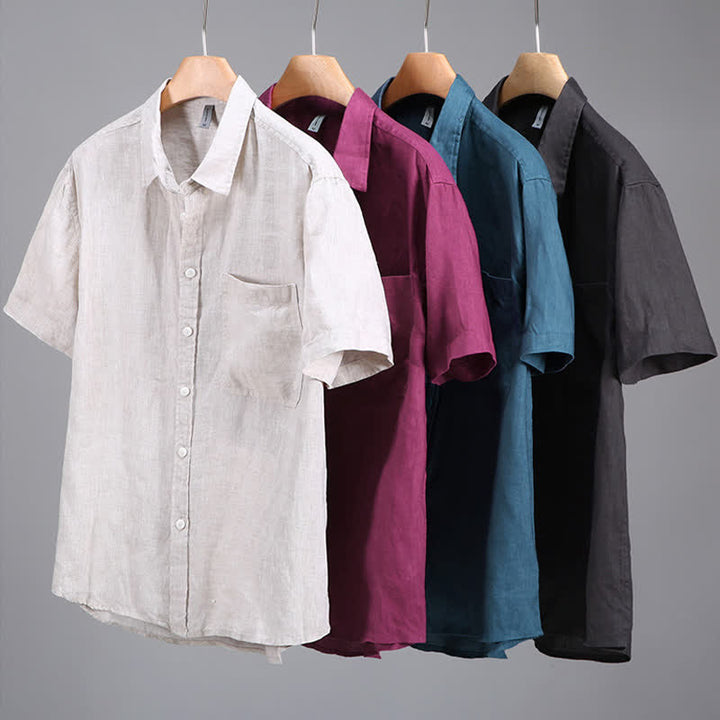 Buddha Stones Summer Casual Button-Up Solid Linen Men's Short Sleeve Shirts With Patch Pocket - image 12
