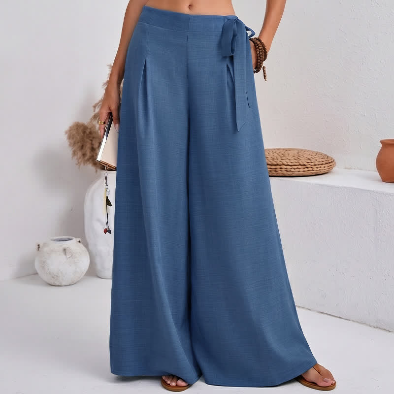 Buddha Stones Spring Casual Retro Plain Drawstring Women's Wide Leg Pants With Pockets - RoyalBlue - US14，UK/AU18，EU46 (2XL) - image 0