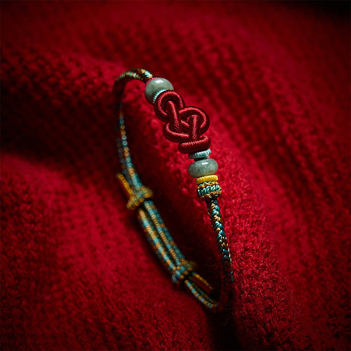 Buddha Stones Handmade Braided Yellow Green Wenchang Knot Jade Luck Adjustable Bracelet - image 2