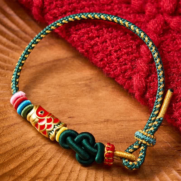 Buddha Stones Hand-Woven Dark Green Yellow String Red Koi Fish Protection Bracelet - Green(Wrist Circumference: 5.9-7.1 in / 15-18cm) - image 0