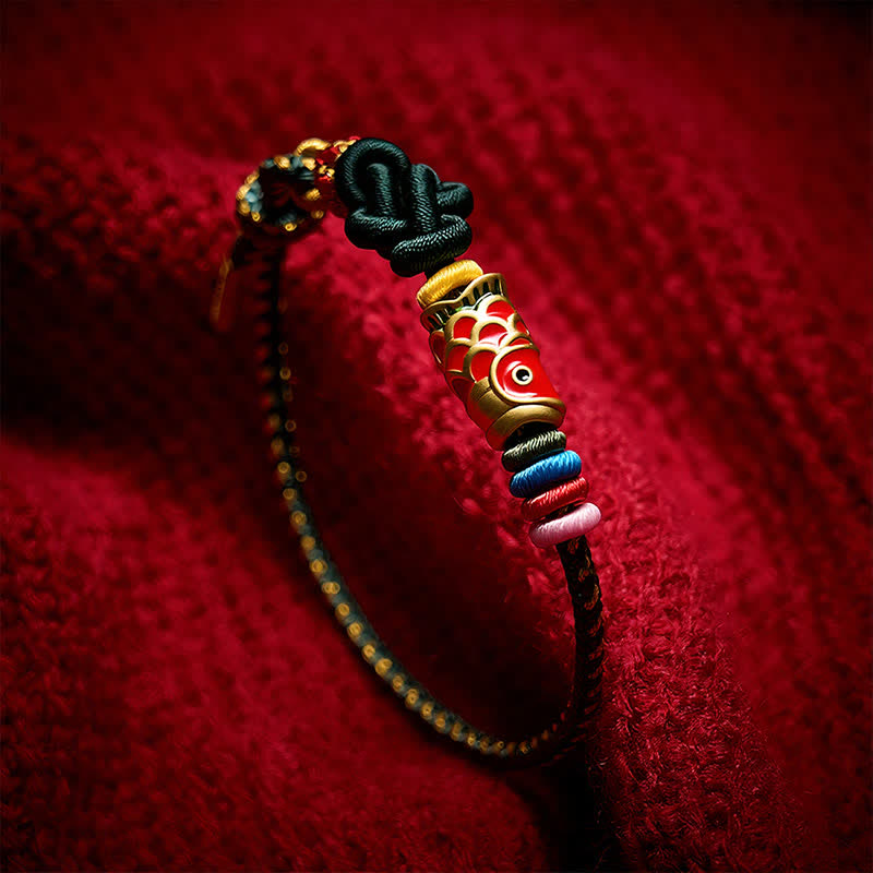 Buddha Stones Hand-Woven Dark Green Yellow String Red Koi Fish Protection Bracelet - image 3