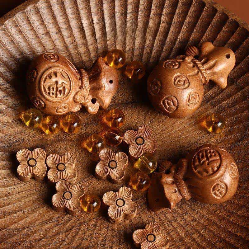 Buddha Stones Peach Wood Fu Character Lotus Lucky Pouch Wealth Charm Keychains - image 12