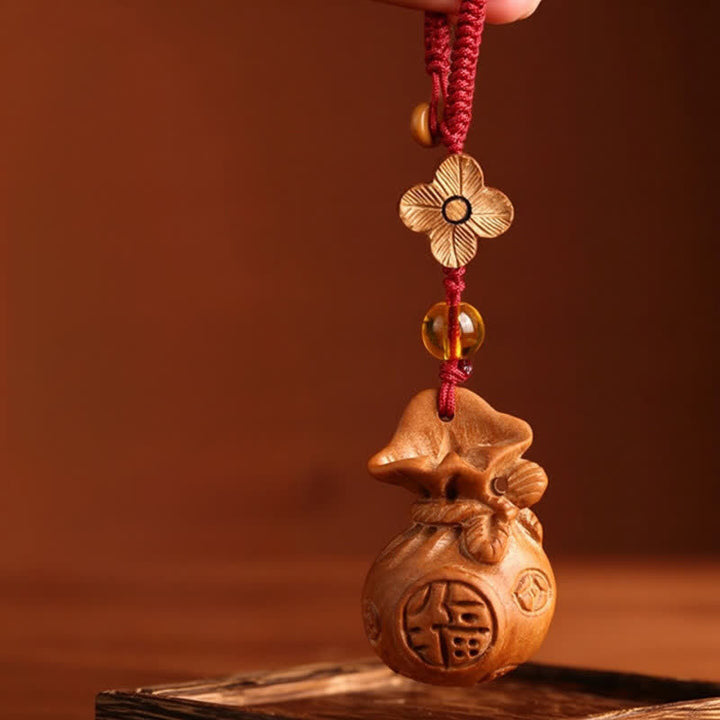 Buddha Stones Peach Wood Fu Character Lotus Lucky Pouch Wealth Charm Keychains - Plum Blossom Red Rope - image 1