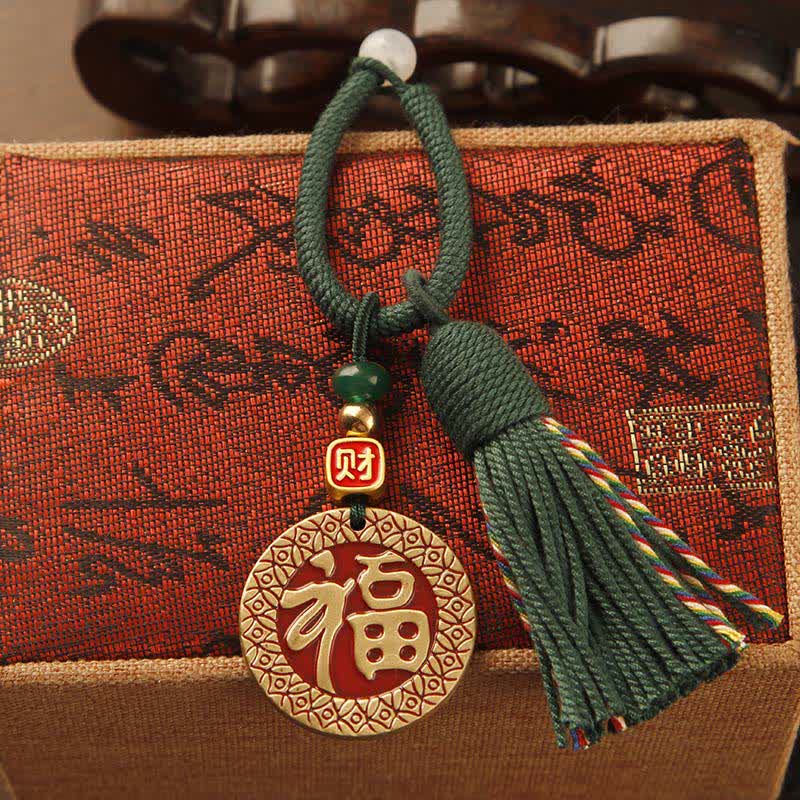 Buddha Stones Brass Hand-Woven Red String Fu Character Blessing Tassel Keychains - Fu Plaque Green Tassel - image 10