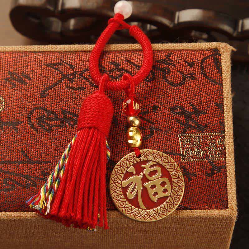 Buddha Stones Brass Hand-Woven Red String Fu Character Blessing Tassel Keychains - Fu Plaque Red Tassel - image 9