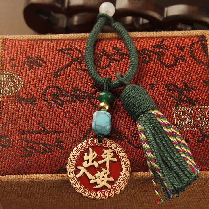 Buddha Stones Brass Hand-Woven Red String Fu Character Blessing Tassel Keychains - Safe Plaque Green Tassel - image 13