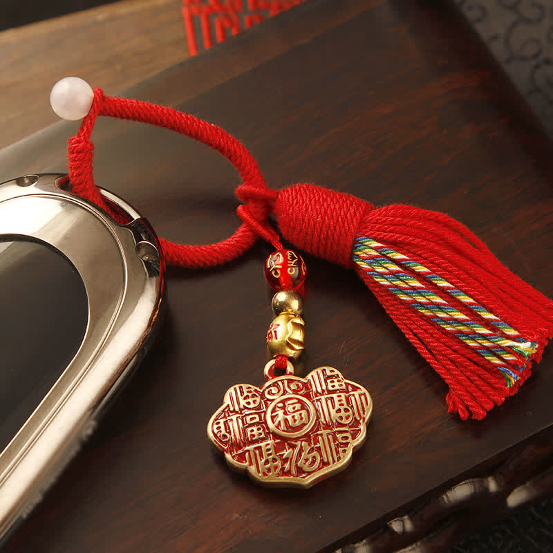 Buddha Stones Brass Hand-Woven Red String Fu Character Blessing Tassel Keychains - image 4