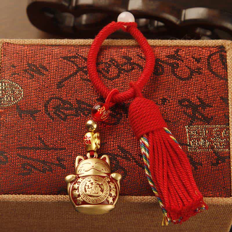 Buddha Stones Brass Hand-Woven Red String Fu Character Blessing Tassel Keychains - image 1