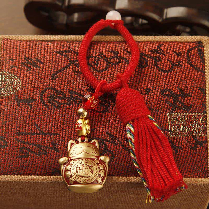 Buddha Stones Brass Hand-Woven Red String Fu Character Blessing Tassel Keychains - image 1