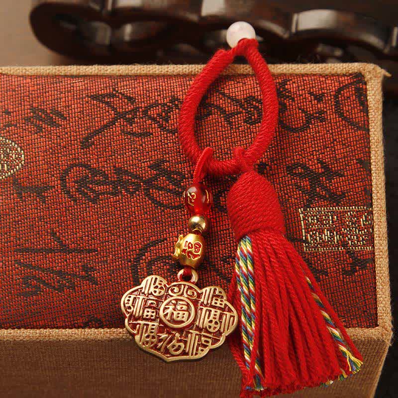 Buddha Stones Brass Hand-Woven Red String Fu Character Blessing Tassel Keychains - Longevity Lock Red Tassel - image 3
