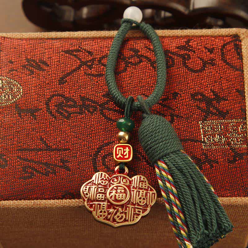 Buddha Stones Brass Hand-Woven Red String Fu Character Blessing Tassel Keychains - Longevity Lock Green Tassel - image 8