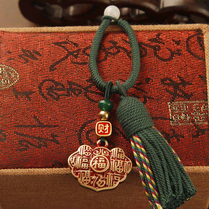 Buddha Stones Brass Hand-Woven Red String Fu Character Blessing Tassel Keychains - Longevity Lock Green Tassel - image 8
