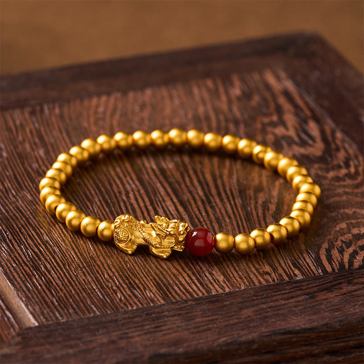 Buddha Stones Gold Plated Copper Red Agate Pi Xiu Wealth Round Bead Bracelet - image 1