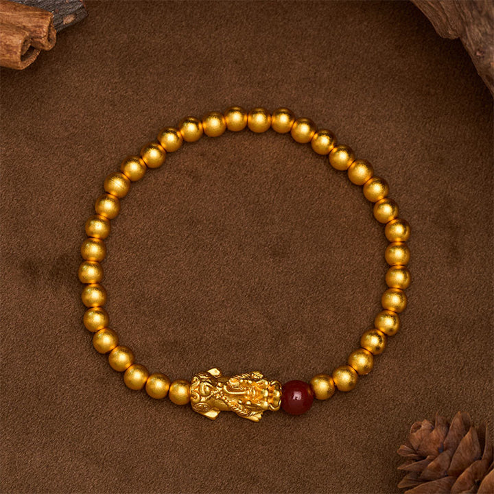 Buddha Stones Gold Plated Copper Red Agate Pi Xiu Wealth Round Bead Bracelet - image 2