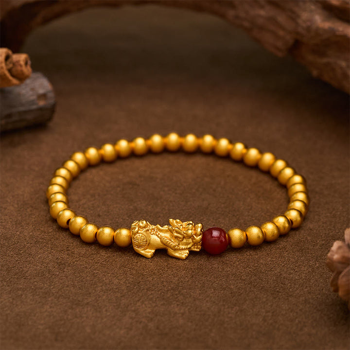 Buddha Stones Gold Plated Copper Red Agate Pi Xiu Wealth Round Bead Bracelet - PiXiu(Wealth ♥ Luck) - image 0