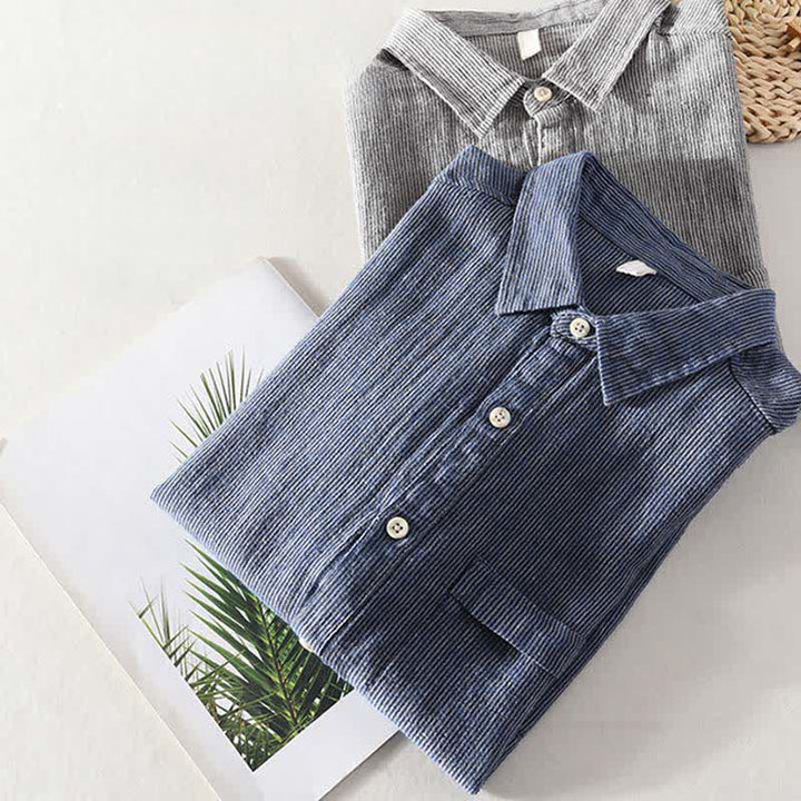 Buddha Stones Summer Casual Solid Striped Linen Men's Short Sleeve Shirts With Patch Pocket - image 18
