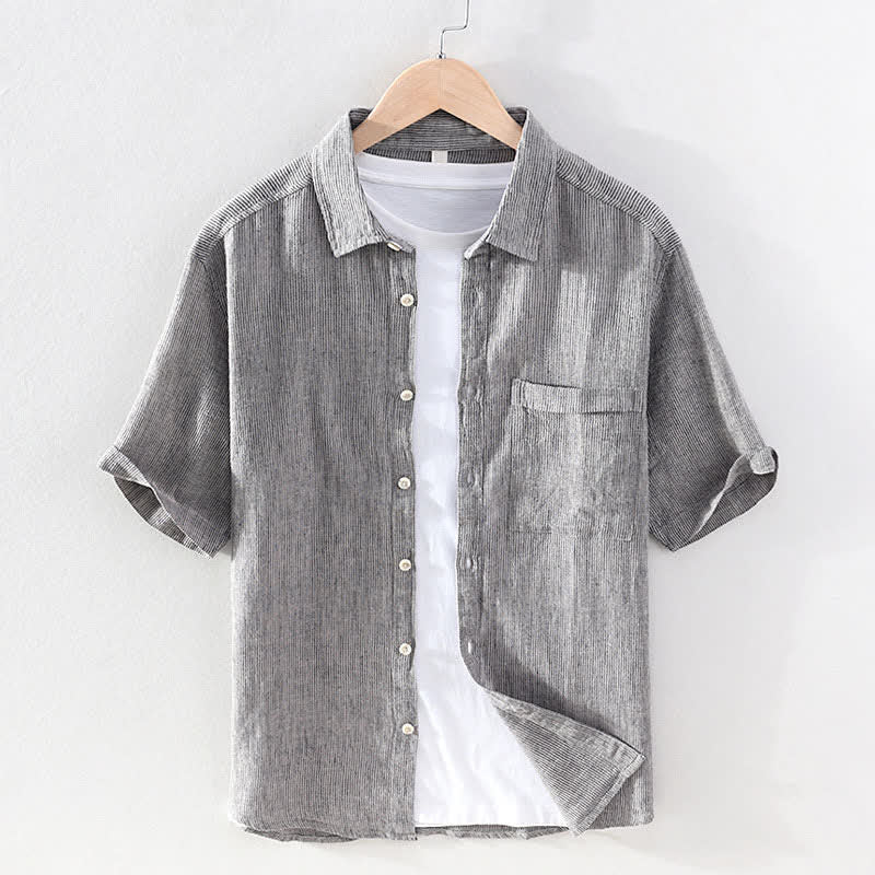 Buddha Stones Summer Casual Solid Striped Linen Men's Short Sleeve Shirts With Patch Pocket - LightGray - US/UK/AU42，EU52 (3XL) - image 7