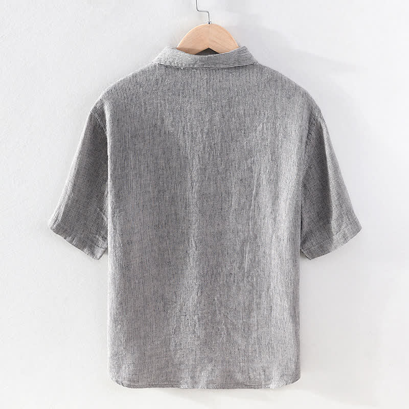 Buddha Stones Summer Casual Solid Striped Linen Men's Short Sleeve Shirts With Patch Pocket - image 8