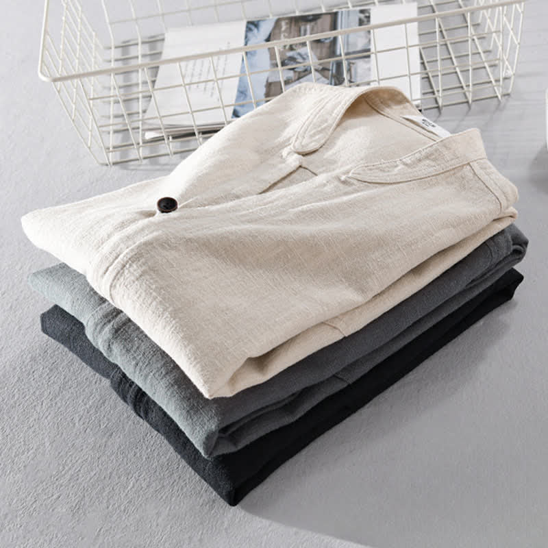 Buddha Stones Spring Casual Mandarin Collar Solid Ramie Men's Long Sleeve Shirts With Pocket - image 22
