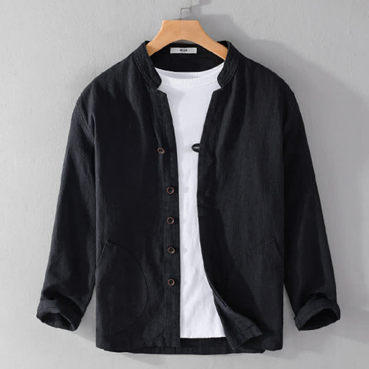 Buddha Stones Spring Casual Mandarin Collar Solid Ramie Men's Long Sleeve Shirts With Pocket - Black - US/UK/AU42，EU52 (3XL) - image 9