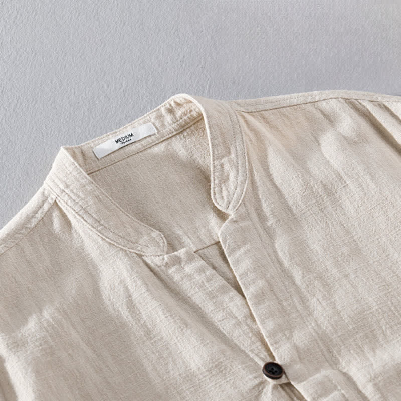 Buddha Stones Spring Casual Mandarin Collar Solid Ramie Men's Long Sleeve Shirts With Pocket - image 3