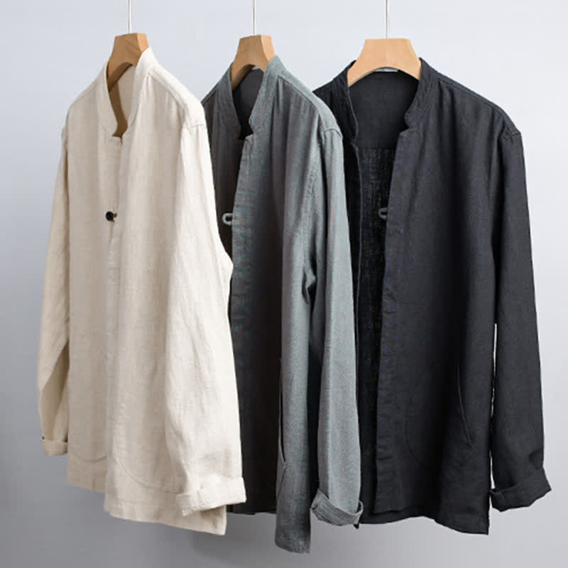 Buddha Stones Spring Casual Mandarin Collar Solid Ramie Men's Long Sleeve Shirts With Pocket - image 21