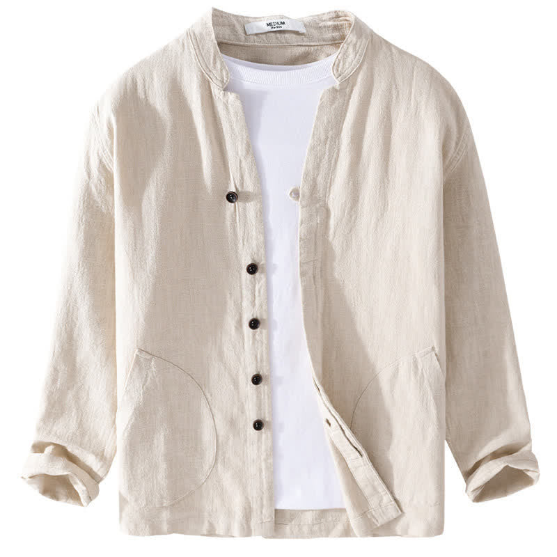 Buddha Stones Spring Casual Mandarin Collar Solid Ramie Men's Long Sleeve Shirts With Pocket - image 1