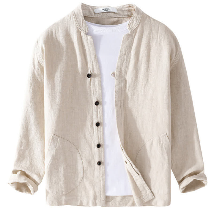 Buddha Stones Spring Casual Mandarin Collar Solid Ramie Men's Long Sleeve Shirts With Pocket - image 1