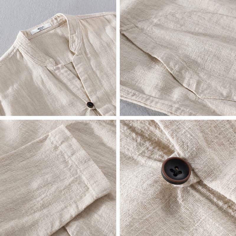 Buddha Stones Spring Casual Mandarin Collar Solid Ramie Men's Long Sleeve Shirts With Pocket - image 2
