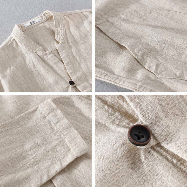 Buddha Stones Spring Casual Mandarin Collar Solid Ramie Men's Long Sleeve Shirts With Pocket - image 2