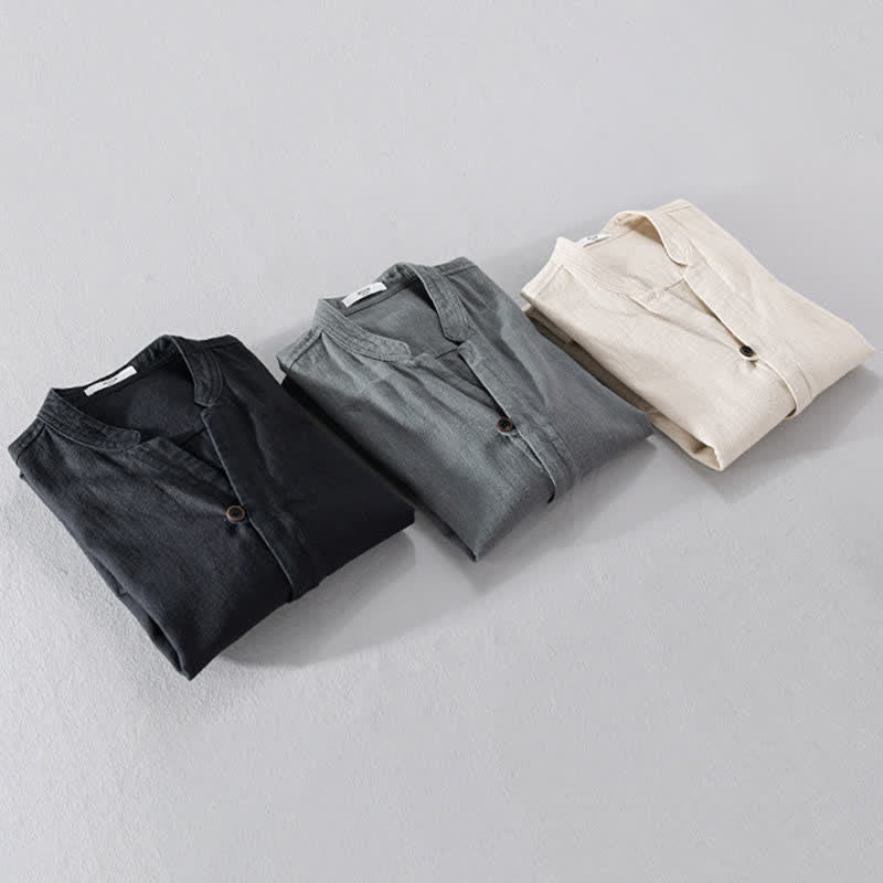Buddha Stones Spring Casual Mandarin Collar Solid Ramie Men's Long Sleeve Shirts With Pocket - image 23