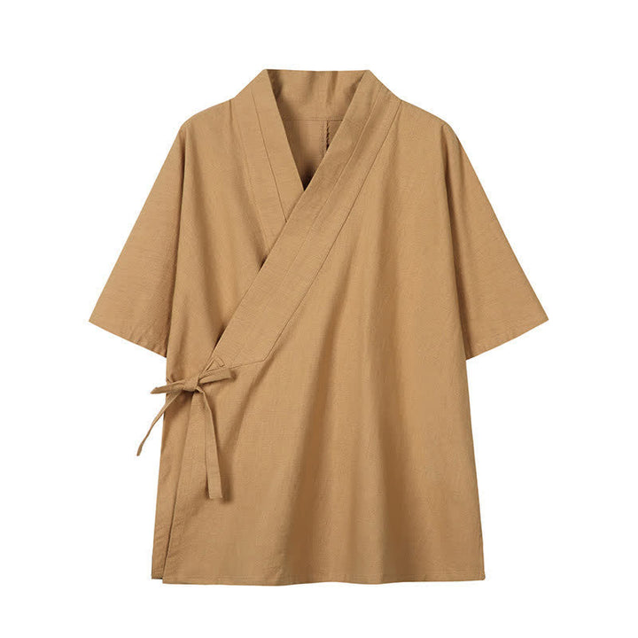 Buddha Stones Spring Summer Minimalist Drawstring Solid Cotton Linen Men's Kimono - Peru - US/UK/AU46，EU56 (5XL) - image 12