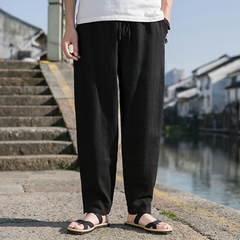 Buddha Stones Spring Summer Casual Minimalist Drawstring Solid Ramie Ankle Pants Men's Harem Pants With Pocket - image 9