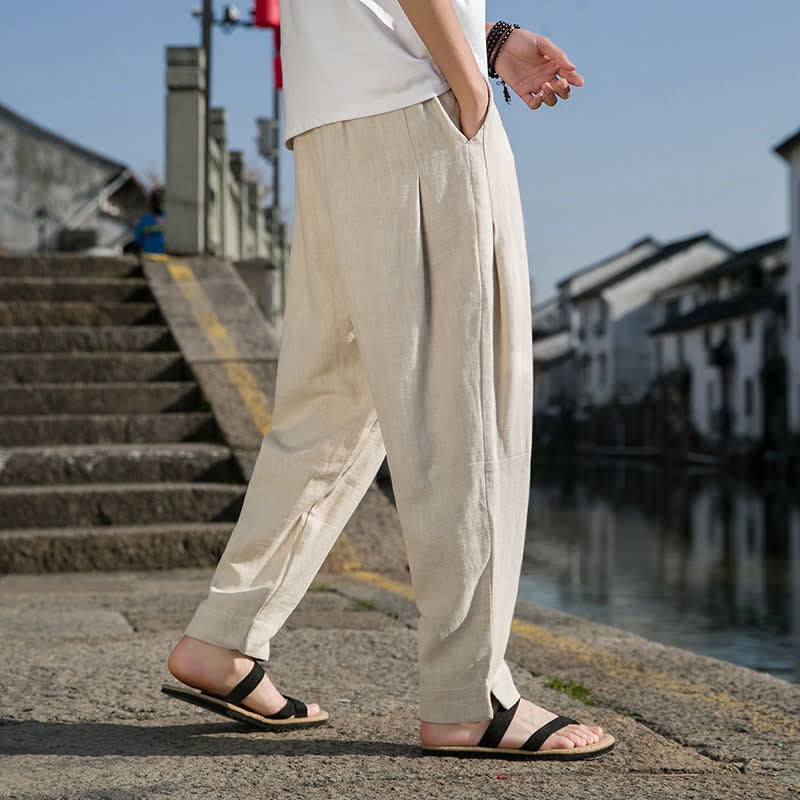 Buddha Stones Spring Summer Casual Minimalist Drawstring Solid Ramie Ankle Pants Men's Harem Pants With Pocket - image 4