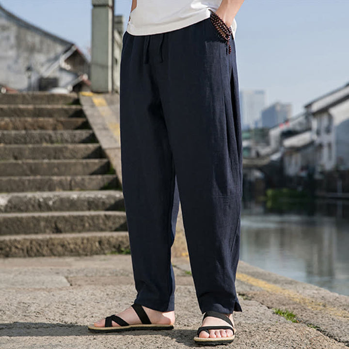 Buddha Stones Spring Summer Casual Minimalist Drawstring Solid Ramie Ankle Pants Men's Harem Pants With Pocket - image 14